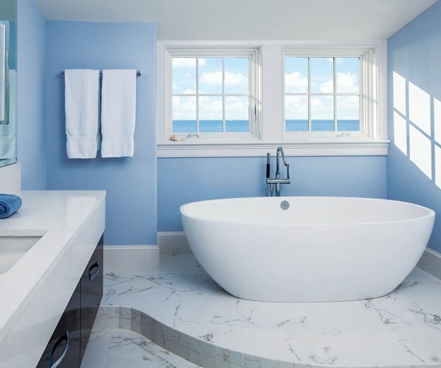 Coastal bathroom with blue windows